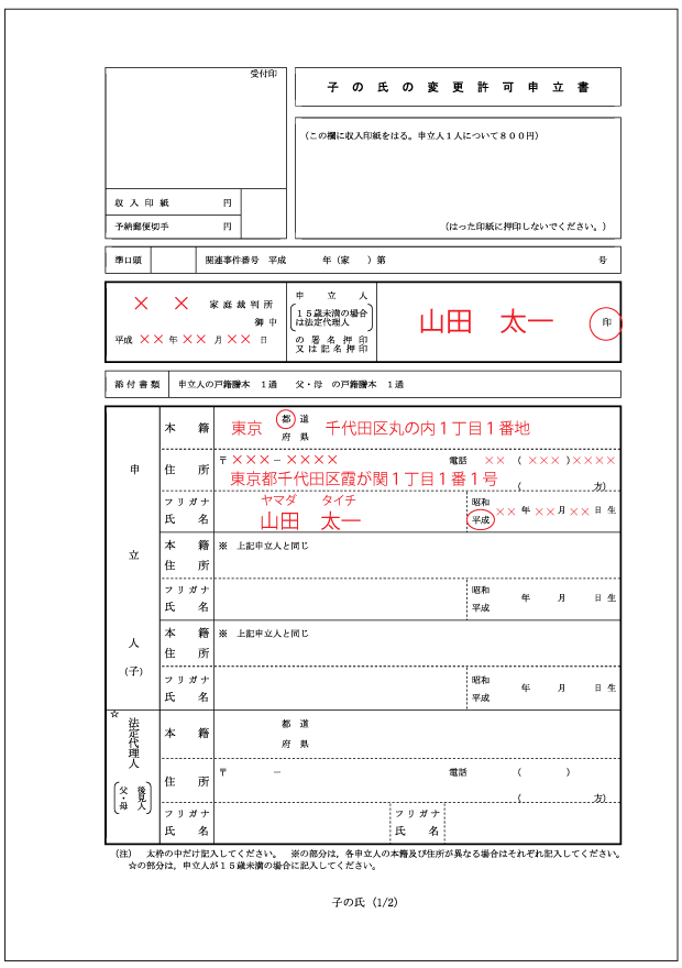 子 の 氏 変更 許可 申立 書