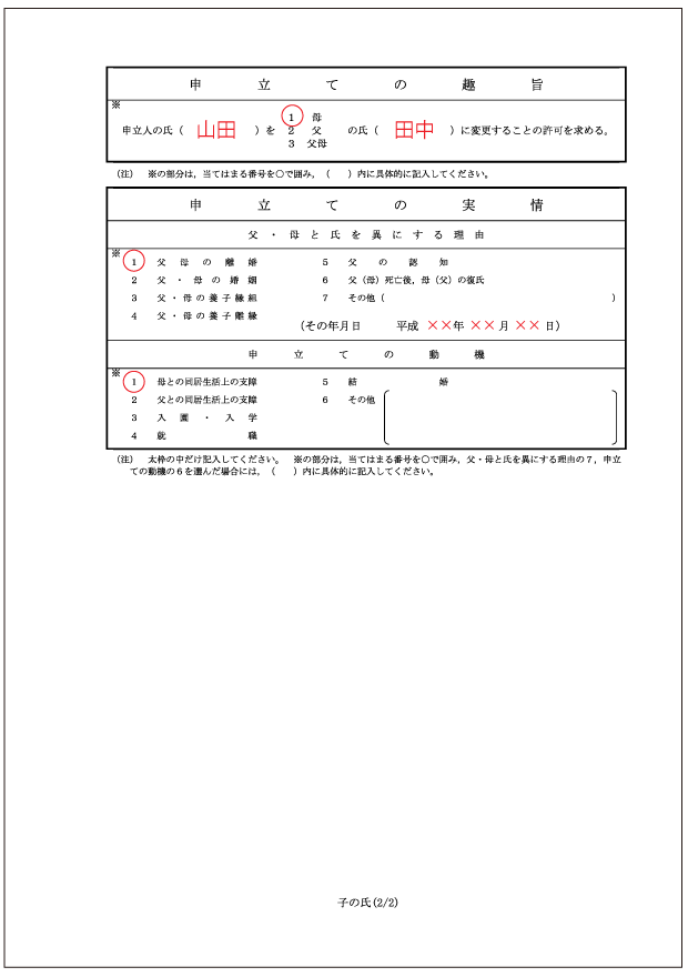 子 の 氏 の 変更 許可 申立 書